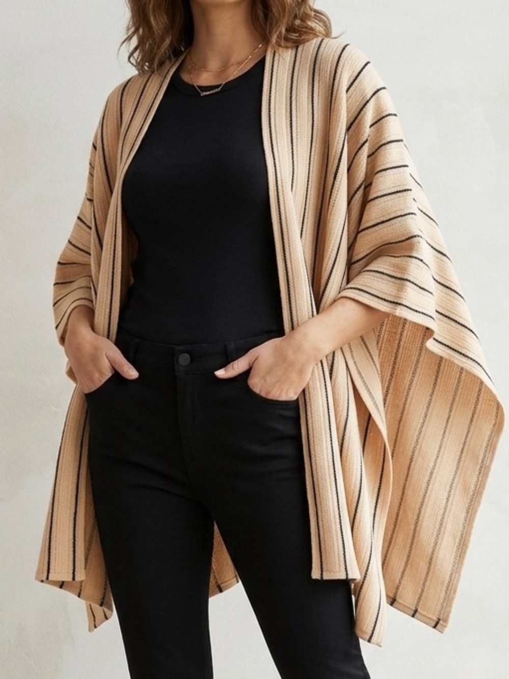 Tan and Black Vertical Striped Open Front Knit Ruana Poncho One Size
